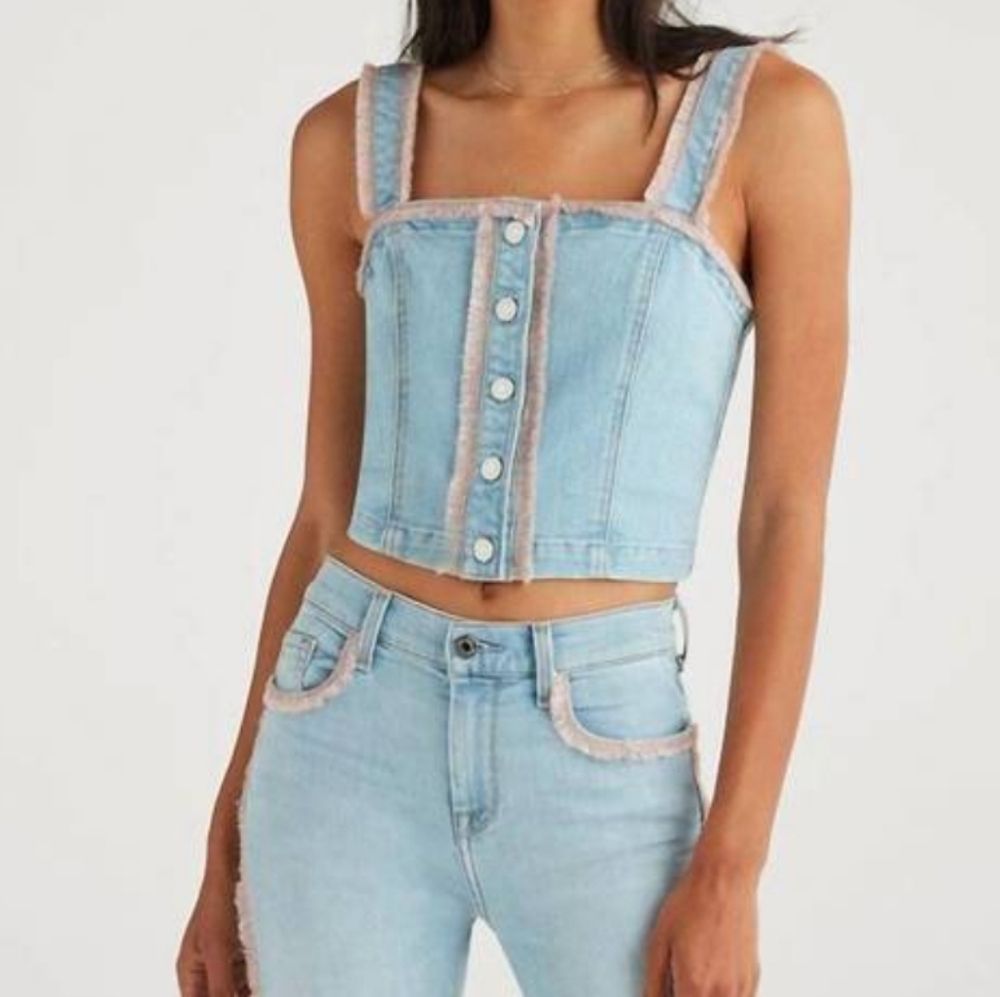 7 For All Mankind Frayed Denim Bustier Top XS Light Blue Pink Corset Crop Button